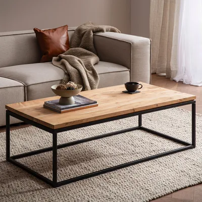 Image de WOHNLING Table basse 120x60x40 cm acacia bois massif métal Table basse rectangulaire Table de salon avec veines naturelles du bois Table basse de salon