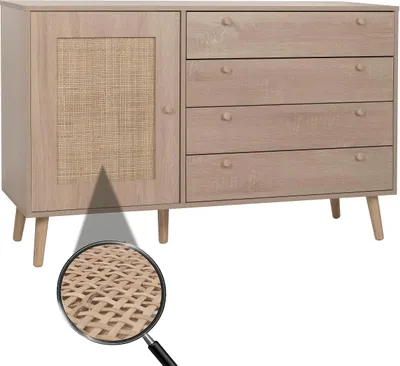 Zdjęcie produktu dla Kredens HWC-M43, komoda z szufladami, wysoka komoda, schowek z szufladami, drewno Kubu rattan melamina, wygląd dębu