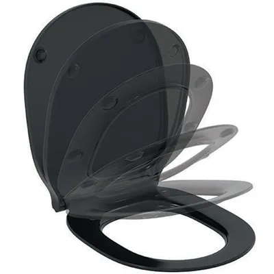 A black toilet seat shown from a diagonal angle, with multiple transparent layers indicating its movement.