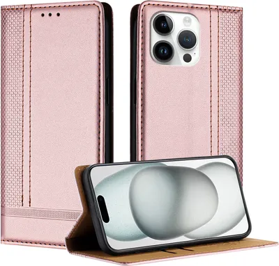 Produktbild von Handyhülle für iPhone 15 Pro Max Leder Flip Klappbare Schutzhülle mit Standfunktion Pink