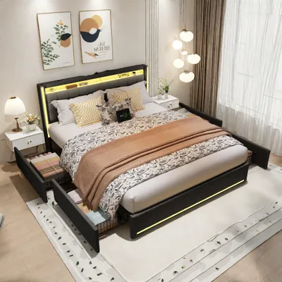 Immagine prodotto di Letto matrimoniale (160 x 200 cm) in lino grigio – testiera e pediera con illuminazione a LED, 4 cassetti in metallo, porte USB e Type-C