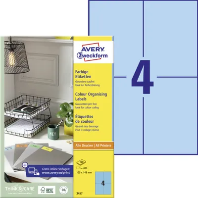 Produktbild von Avery Zweckform 3457 Farbige Etiketten, A4, 105 x 148 mm, 100 Bogen/400 Etiketten, blau