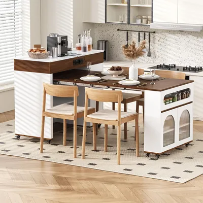 Immagine prodotto di Isola cucina Merax con rotelle, tavolo da pranzo allungabile, carrello di servizio, credenza mobile con prese elettriche, cassetti e spazio contenitivo, noce + bianco