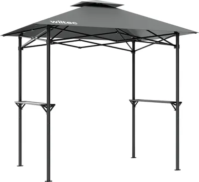 Image de Wiltec Pavillon de barbecue Pavillon BBQ – 2,45 x 1,52 m – couleur grise – avec Extracteur de fumée et 2 Étagères – Tente Tonnelle de jardin Fête Camping Réception
