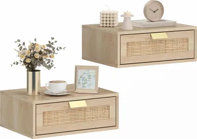 Produktbild von Wandmontierte Nachttische - Set mit 2 - Schublade mit Rattanfront - Eine Schublade - 40x30x15 cm - Moderner Marokko-Stil - Khaki