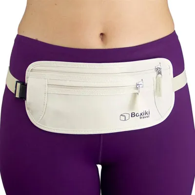 Immagine prodotto di Boxiki Cintura portavalori da viaggio, unisex, beige, per viaggiare, leggera, regolabile, spazio sicuro per denaro e documenti.