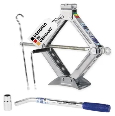 Produktbild von alca® Scherenwagenheber 1,5 t Set, Hubhöhe 104-385 mm, Radmutterschlüssel mit ausziehbarem Hebel bis 53 cm, 17/19 mm Aufstecknuss, drehbarer Sattel