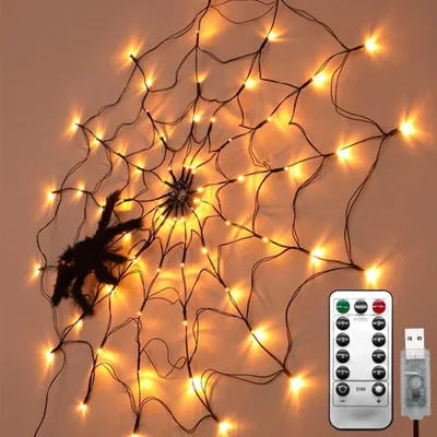 Produktbild von LED Spinnennetz Lichterkette mit Spinne USB, für Halloween Zimmer, Party Deko