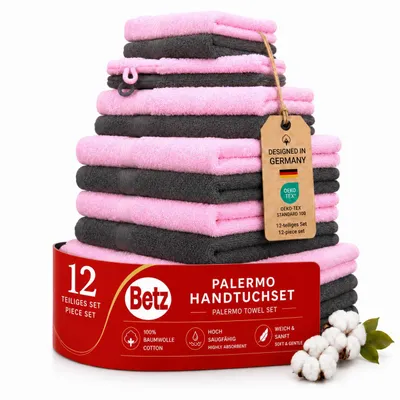 Produktbild von Betz 12-TLG. Handtuch-Set Palermo 100% Baumwolle 2 Liegetücher 4 Handtücher 2 Gästetücher 2 Seiftücher 2 Waschhandschuhe Farbe rosé und anthrazit