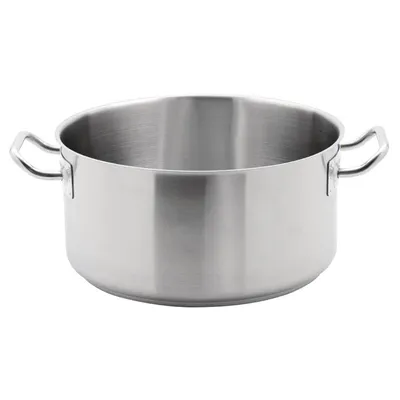 A stainless steel cooking pot with two handles is shown against a white background.