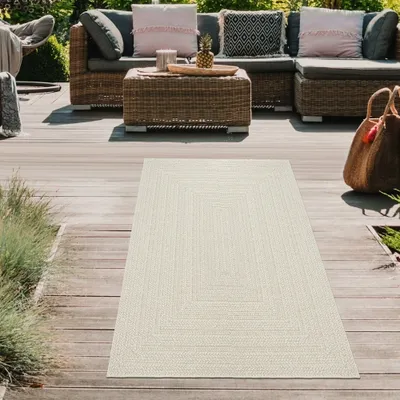 Produktbild von Teppich Outdoor Wohnzimmer strapazierfähig mit rechteckigem Linienmuster in Creme Größe - 80 x 150 cm