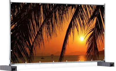 Produktbild von Wallario XXL Outdoor-Poster für Garten oder Balkon, Motiv Sonnenuntergang unter Palmenblättern, in ca. 340 x 173 cm
