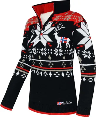 Produktbild von Nebulus Norweger Strickpulli mit Teddyfell FRIA Damen, gefütterte Jacke , warm und flauschig , P4721 - Damen, schwarz-rot, S/36