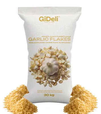 Obrázek produktu pro Česnekové vločky, 30 kg, přírodní, vhodné pro gastronomii, pro maso, ryby, zeleninu, intenzivní chuť, značka GiDeli