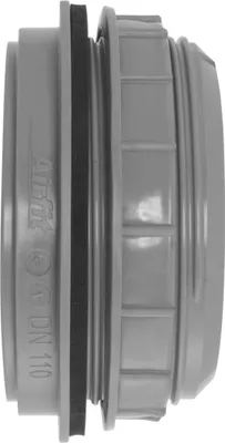 A close-up side view of a gray pipe fitting.