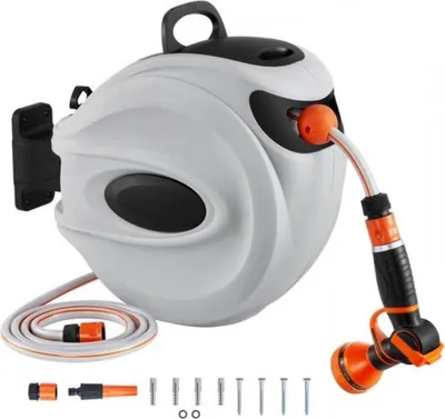 Produktbild von Automatische Schlauchhaspel 20m – Wand-Schlauchbox mit Rückzugssystem – Gartenschlauchhaspel mit 9-Strahl-Sprühkopf – flexibel, robust und UV-beständig