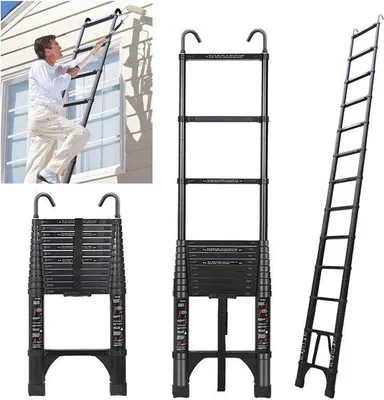 Produktbild von QuickShopping - Teleskopleiter 3,8 m, Aluminium Klappleiter mit Haken, Klappleiter mit 150 kg Tragkraft, schwarze Multifunktionsleiter für