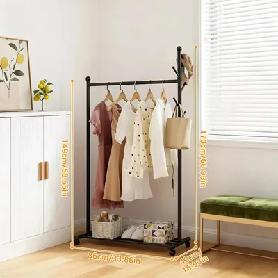 Produktbild von Rollbarer Kleiderständer - Freistehender Garderobenständer - Stahl - Haken und Ablagen - Rostbeständig - 85 cm breit - Schwarz