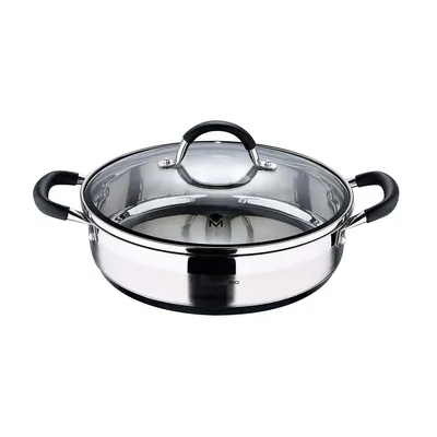 A stainless steel pot with a glass lid and black handles, shown from a front-facing angle on a white background.