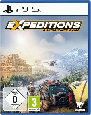 The cover art for the PS5 game 'Expeditions - A MudRunner Game' shows an off-road vehicle in a mountainous, natural landscape.