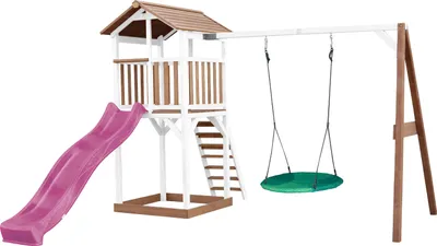 Produktbild von AXI Beach Tower Spielturm aus Holz in Braun & Weiß | Spielhaus für Kinder mit lila Rutsche, Nestschaukel und Sandkasten | Stelzenhaus für den Garten