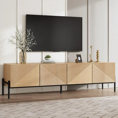 Produktbild von Merax Moderner TV-Schrank mit 4 Türen und 3D-Textur, TV Lowboard mit Geometrisches Design, Grifflos Wohnzimmerschrank für TV bis 75 Zoll, Holz + Weiß