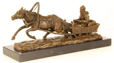 Produktbild von Casa Padrino Luxus Bronze Skulptur Pferd zieht Schlitten Bronze / Gold / Schwarz 42,1 x 13 x H. 19 cm - Luxus Qualität