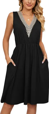 Image de ASKSA Femmes Robes d'été Sans manches Col en V Robe avec poches Robe de loisirs, Noir, S