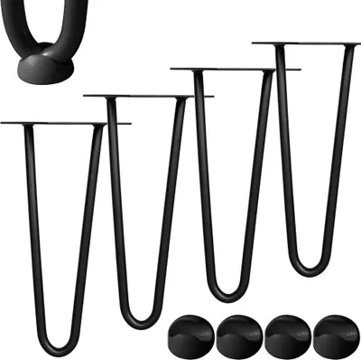 Four black hairpin table legs and four black floor protectors are arranged on a white background.