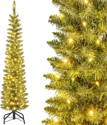 Produktbild von COSTWAY 150cm künstlicher Weihnachtsbaum Bleistift, Tannenbaum mit Beleuchtung, LEDs in Warmweiß, schlanker Christbaum für Weihnachten, Kunstbaum mit Metallständer, Grün