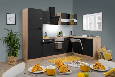 Produktbild von Küche Küchenzeile Küchenblock Winkelküche Eiche Schwarz Merle 280x172 cm Respekta