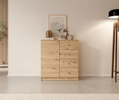 Obrázek produktu pro Úzká komoda se šuplíky a dvířky CEKLIA - dub