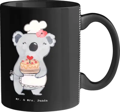 Produktbild von Mr. & Mrs. Panda Kaffeetasse Konditorin Herz - Schwarz - Geschenk, Torte, Bäckerin, Selbstgebacken, Geschenktasse, Becher, Tasse, Kuchen, Zum Geburtstag, haferl, Teetasse