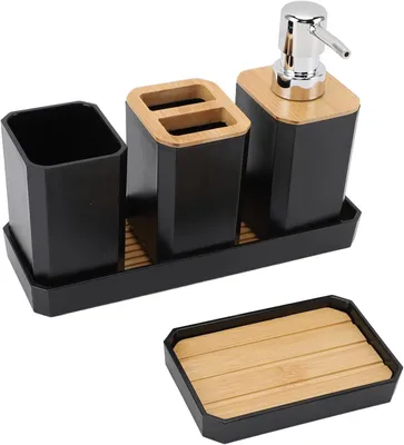 Imagen del producto de Conjunto de accesorios para baño de 3 piezas, color , que incluye botellas dosificadoras para loción, soporte para cepillos de dientes, vaso y jabonera