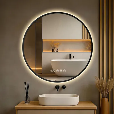 Produktbild von S'AFIELINA Badspiegel mit Beleuchtung Rund 80 cm Diameter,LED Badspiegel mit Touch, Beschlagfrei, Dimmbar, Uhr, Temperatur, Speicherfunktion,Schwarzer