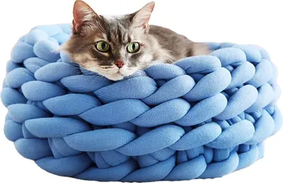 Produktbild von Katzenbett waschbar Polyester-Stricken Hundebett - Katzenschlafplatz für Katzen und kleine Hunde, Katzenkissen rund Kuschelbett Größe in 30x30 cm, blau