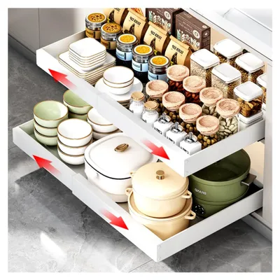 Produktbild von Teleskopschublade Extra Tief, Ausziehbare Schublade für Schrank, Breite 32–50 cm, Tiefe 52 cm – Ohne Bohren, Verstellbarer Schrank Organizer mit Klebeband und Schrauben (Weiß)