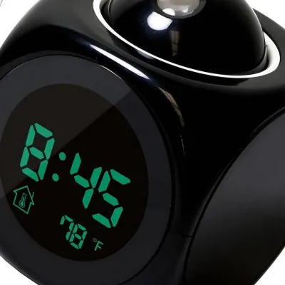 Imagen del producto de Reloj despertador de mesa con proyector, multifunción, de plástico, con carga USB, luz LED y función de voz, ideal para el dormitorio, color
