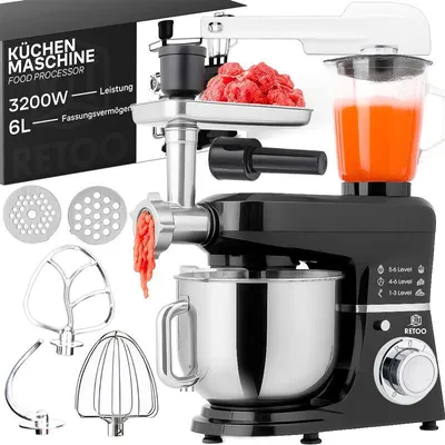 Produktbild von Küchenmaschine 3200 W mit 6L Edelstahl-Rührschüssel inkl. Rührhaken, Knethaken, Schneebesen und Spritzschutz, 6 Geschwindigkeiten 12-tlg Schwarz Retoo