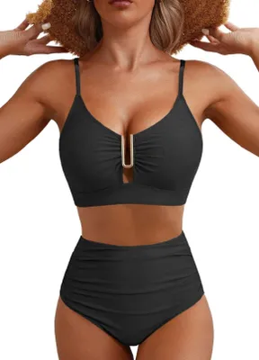 Produktbild von Solidchoice – Damen-Bikini-Set, zweiteilig, mit hoher Taille und V-Ausschnitt