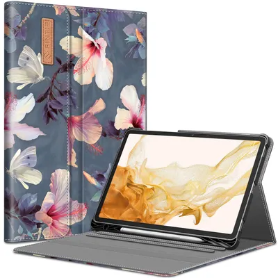 Produktbild von Fintie Hülle für Samsung Galaxy Tab S8 Plus 2022/S7 FE 2021/S7 Plus 2020 12.4 Zoll, Multi-Winkel Betrachtung Folio Schutzhülle mit S Pen Halter Dokumentschlitze Auto Schlaf/Wach, Hibiskus