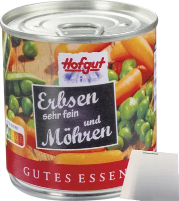 Produktbild von Hofgut Erbsen sehr fein mit Möhren (212ml Dose) + usy Block