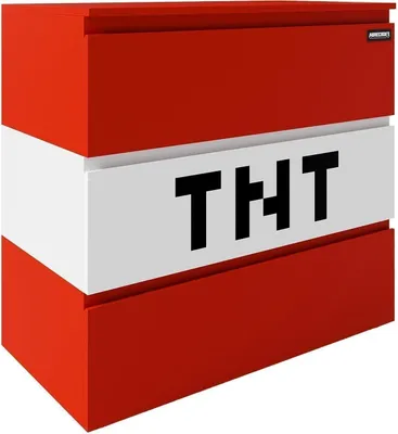 A 3D rendering of a red and white chest of drawers designed to look like a TNT block from Minecraft.