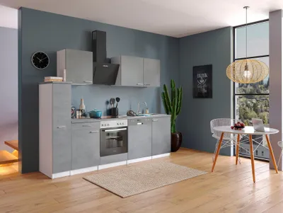 Produktbild von Küche Küchenzeile Küchenblock Einbauküche Weiß Beton Malia 250 cm Respekta