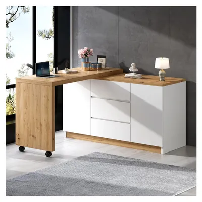 Produktbild von Schreibtisch mit feststellbaren Rollen – vielseitiges Design, 4 cm dicke, drehbare Tischplatte, klappbar, Eckschreibtisch, Sideboard (Eiche und Weiß)