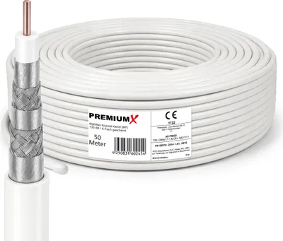 Produktbild von PremiumX 50m BASIC PRO Koaxial Kabel 135dB 5-Fach geschirmt, Stahl Kupfer SAT Antennenkabel