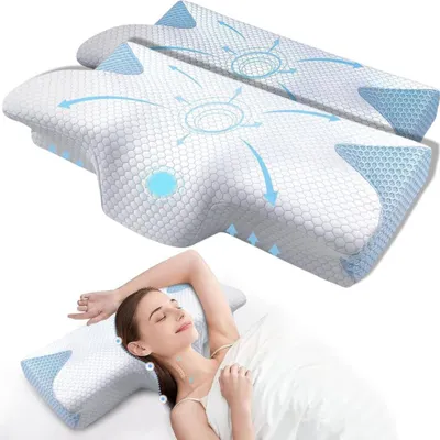 Obrázek produktu pro Sada 2 ortopedických polštářů z paměťové pěny od Linomag®, ergonomický design pro podporu krku, relaxaci a vyrovnání páteře, ideální při bolestech krku a zad, pro spaní na boku, na zádech nebo na břiše, pratelný potah, bílá/světle modrá, 62 x 35 x 11,5 cm