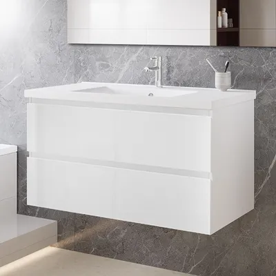 Produktbild von 100 cm Badmöbel-Set Unterschrank mit Keramik waschtisch 2 Schubladen soft-close Hochglanz Weiß Selbstmontierter