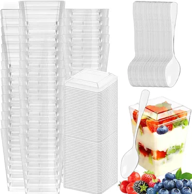 Imagen del producto de Vasos de plástico para postres, de 160 ml, paquete de 50 unidades, con cucharas pequeñas y tapas, transparentes, ideales para postres
