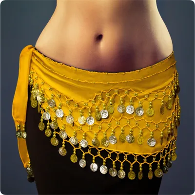 Produktbild von Belly Dance Bauchtanz Hüfttuch Kostüm 128 goldfarbenen Münzen Münzgürtel Fasching Karneval Tanzaufführung Gürtel in gelb